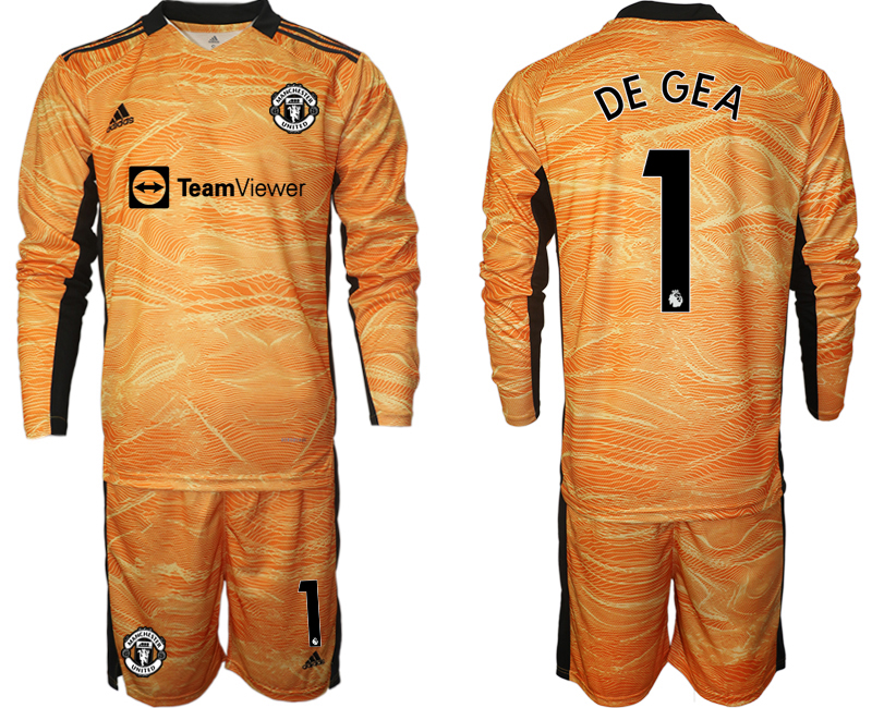 Men 2021-2022 Club Manchester United orange yellow goalkeeper Long Sleeve #1 Soccer Jersey